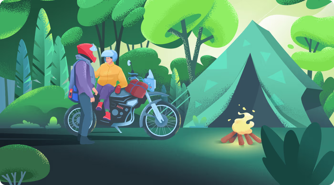 Relax Tour custom vector illustrations designed by Codeair Software Solutions showing cyclists, campers, and outdoor community moments with warm lifestyle aesthetic