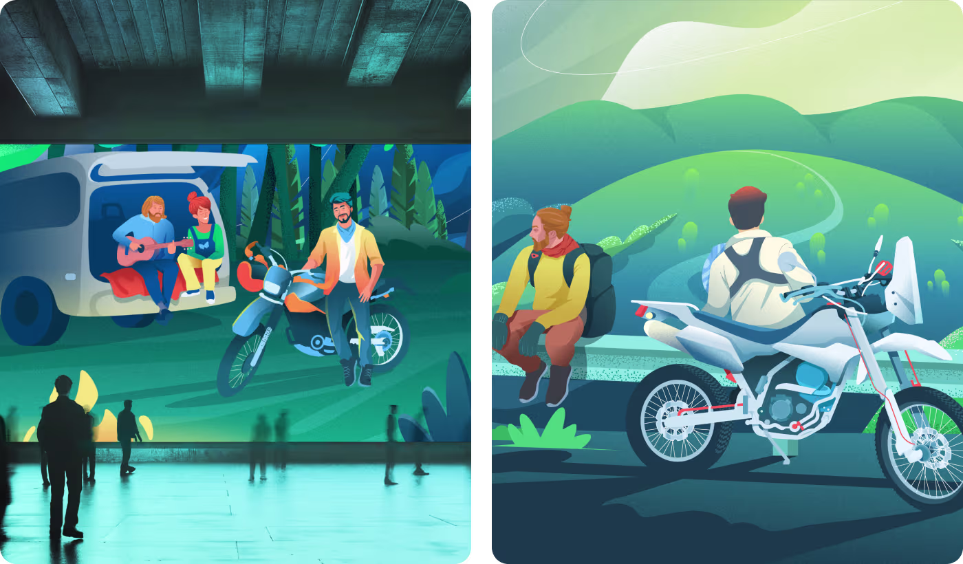 Codeair Software Solutions illustration art direction for Relax Tour displaying natural poses, character interactions, and simplified nature scenery for bike tour branding