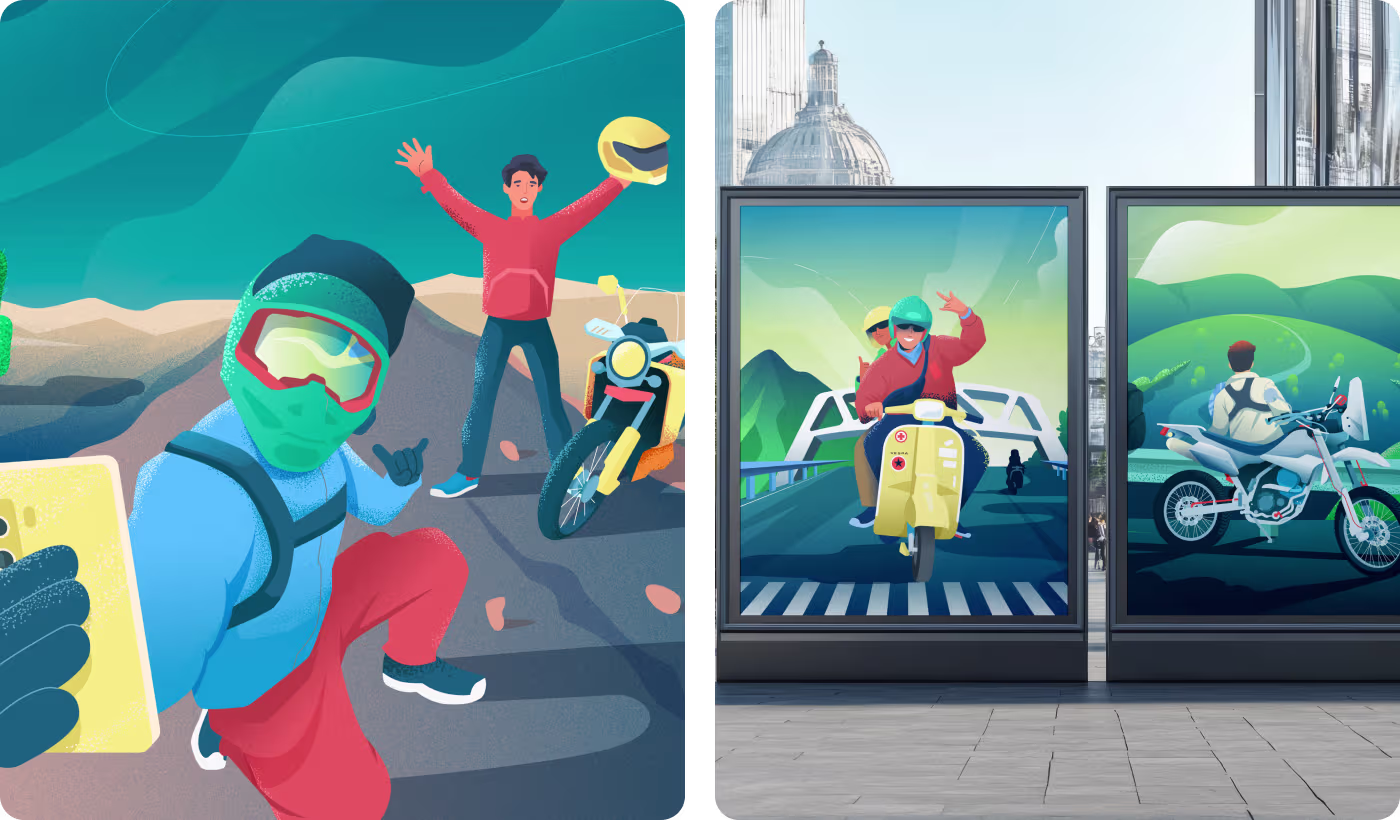 Codeair Software Solutions case study showing flat, stiff bike tour illustration with overcrowded composition and heavy background elements limiting design flexibility