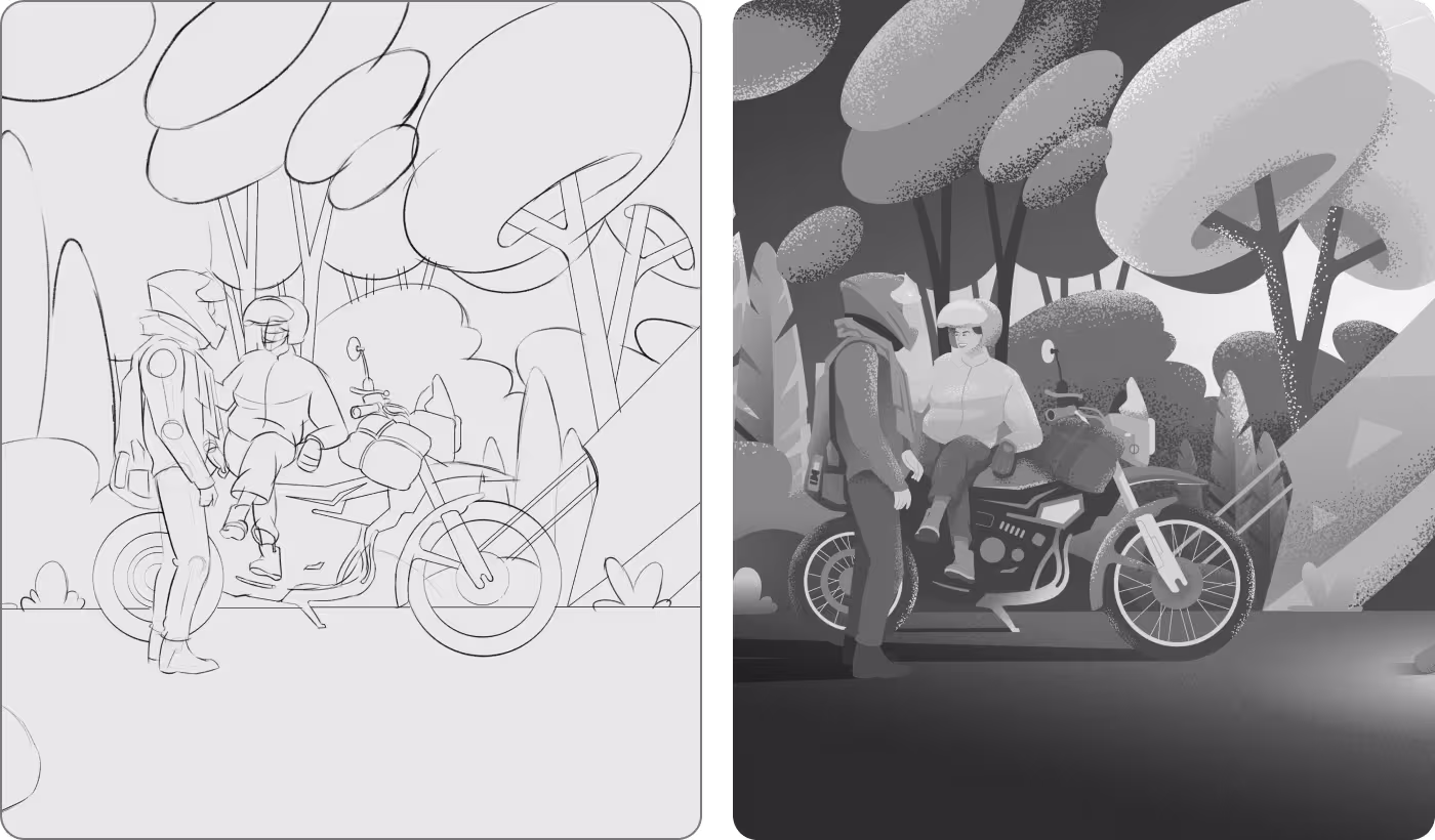 Codeair Software Solutions creative process for Relax Tour showing sketching, shading, color application, and interface formatting steps for illustration system development