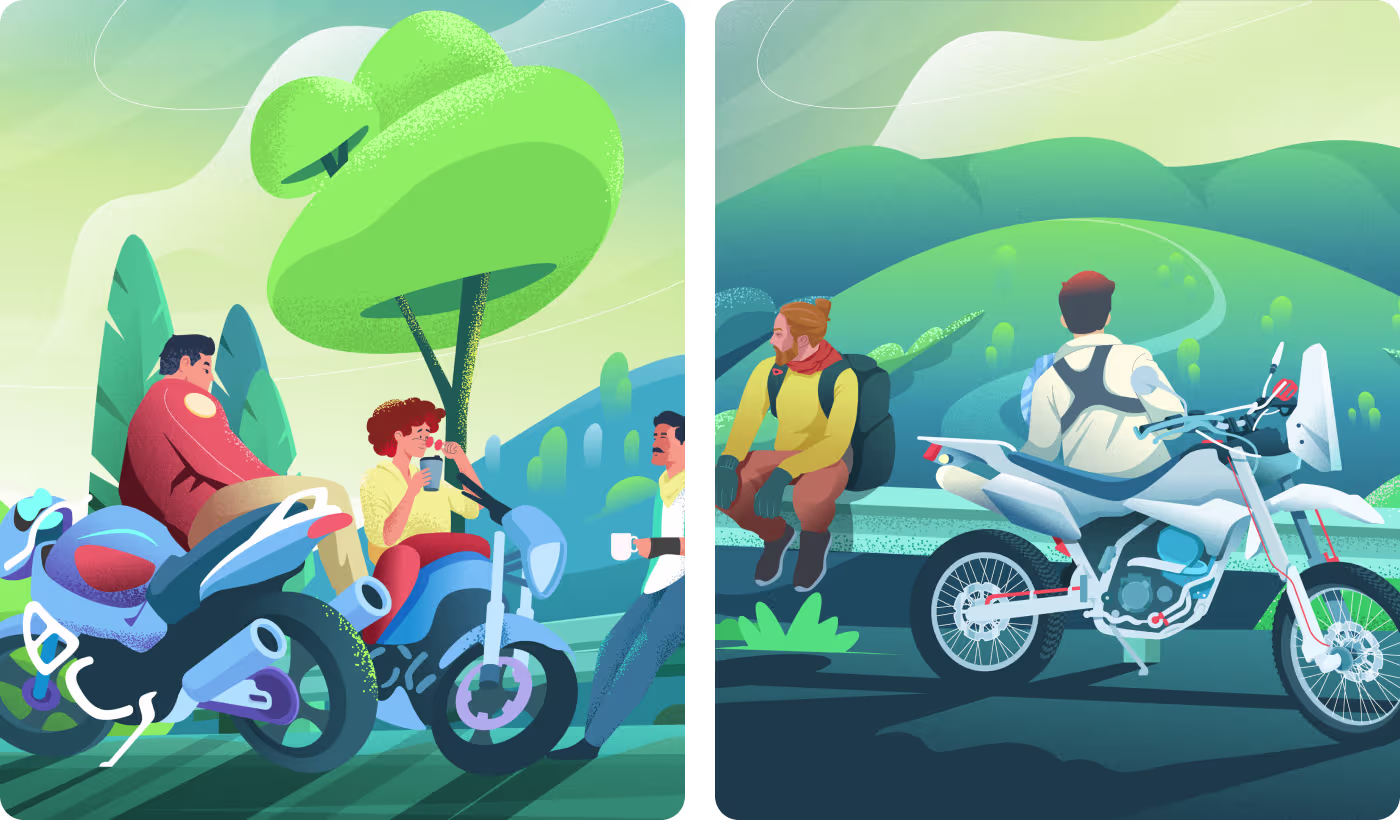 Codeair Software Solutions custom illustration library for Relax Tour including bikes, tents, campfires, and community scenes in cohesive forest green and yellow outdoor branding