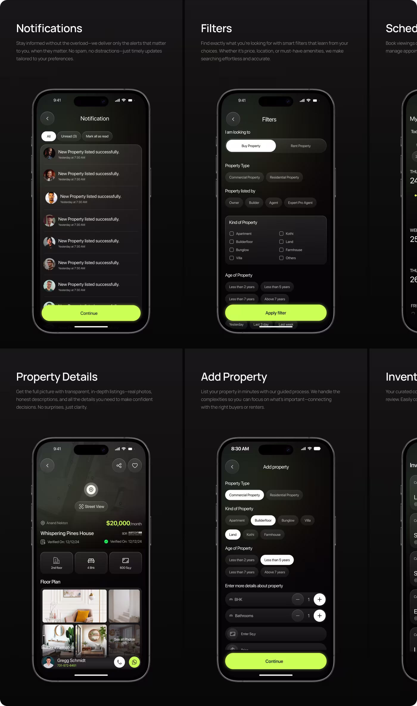 Rezo real estate app feature screens by Codeair Software Solutions showing notifications, smart filters, and scheduling interface in dark neon green design theme