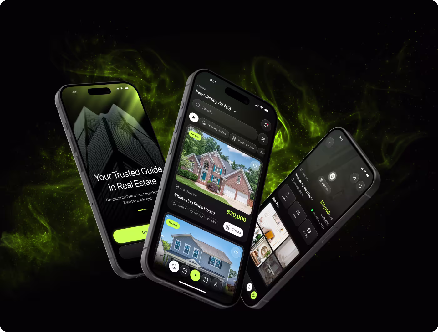 Rezo real estate app mockup collection by Codeair Software Solutions showing onboarding screen, property search listings, and detail view in dark green branded interface