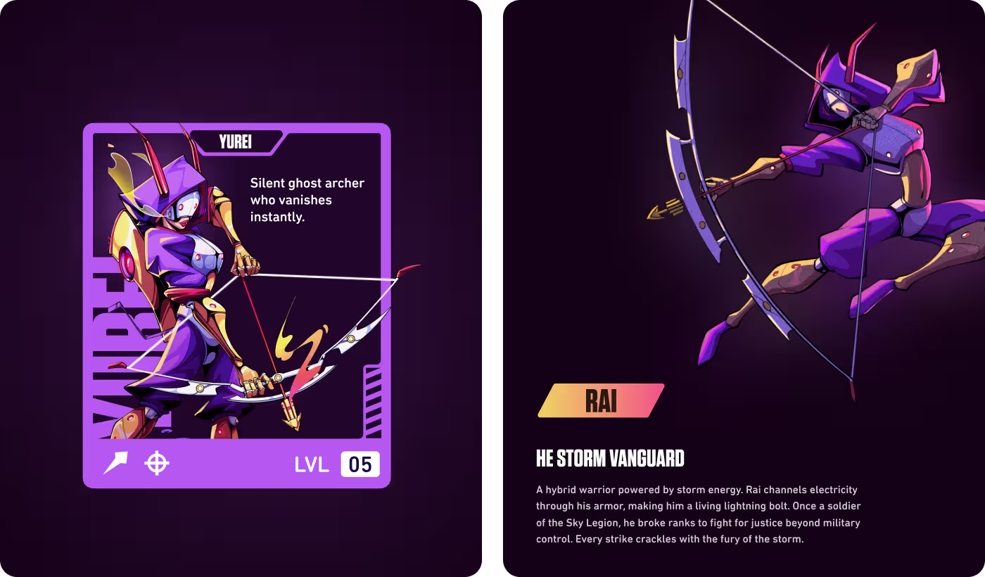 Codeair Software Solutions case study showing overcrowded cyberpunk character design lacking clear visual hierarchy, distinct roles, and cohesive presentation framework