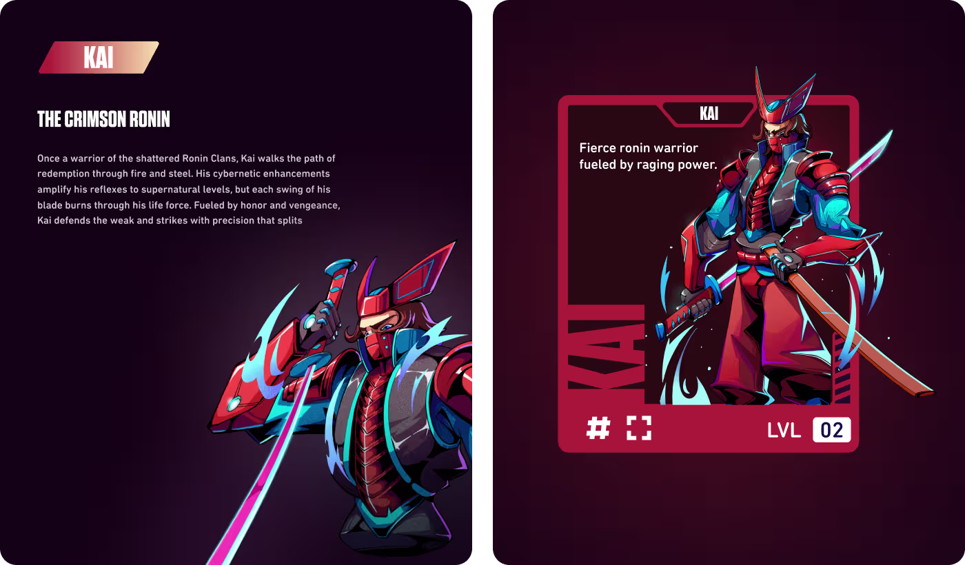 Codeair Software Solutions player research for Ronin Neon displaying early character concept sketches and visual language development for cyberpunk gaming universe
