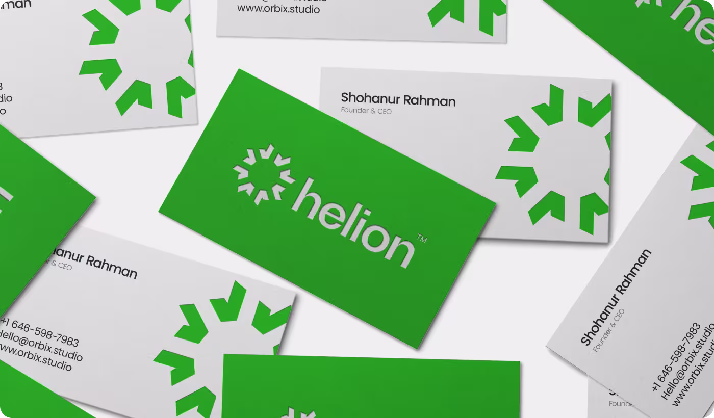 Helion visual identity applied across brand touchpoints by Codeair Software Solutions