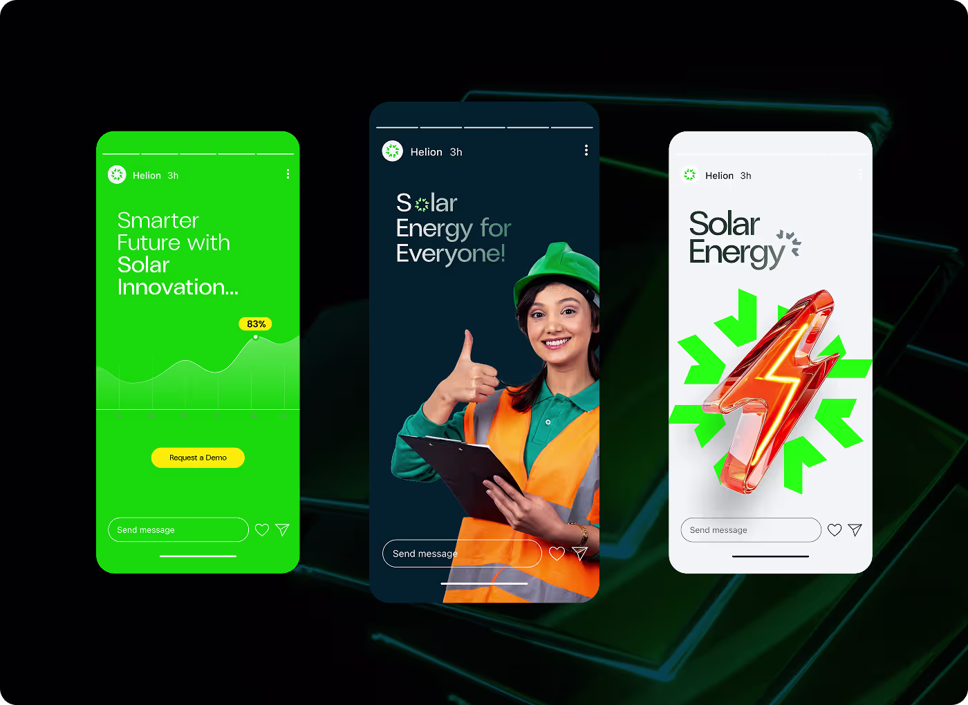 Helion mobile app interface design and marketing promotional screens showcasing solar energy branding by Codeair Software Solutions