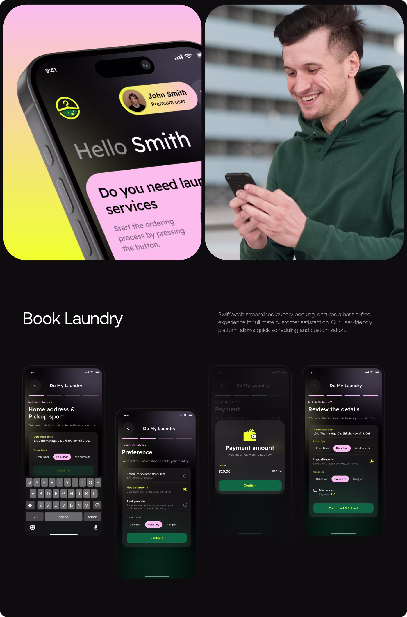 SwiftWash customer order setup and payment screen design by Codeair Software Solutions