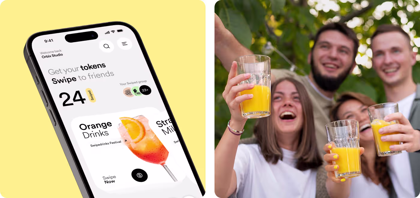 Swipe Drinks app onboarding and token purchase screen by Codeair Software Solutions