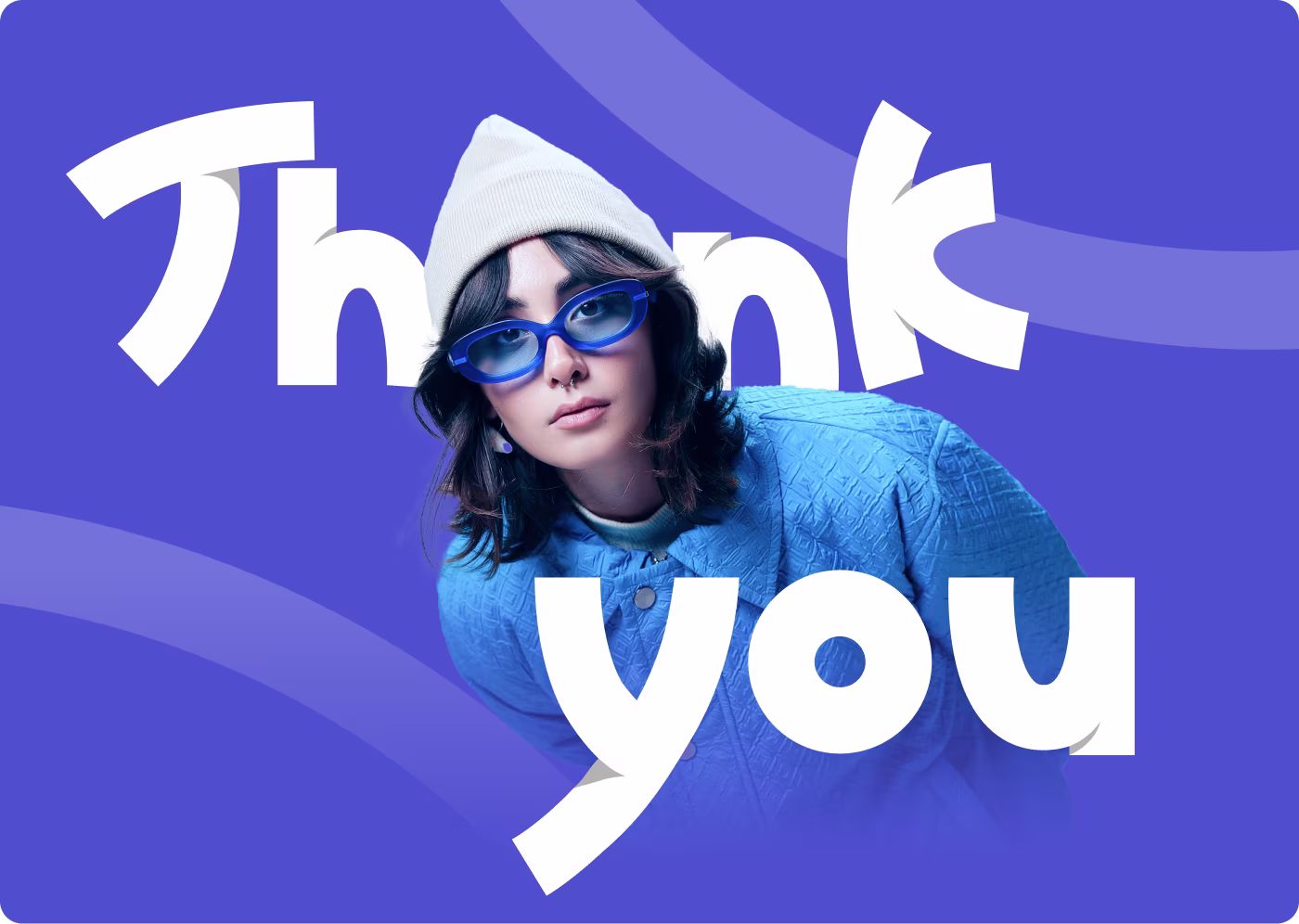 Trendly fashion thank you closing visual by Codeair Software Solutions featuring model in blue textured jacket and beanie with bold blue and white brand typography