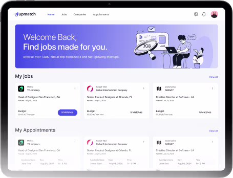 Codeair Software Solutions web design overview for Upmatch showing job visibility and application tracking interface for recruitment platform
