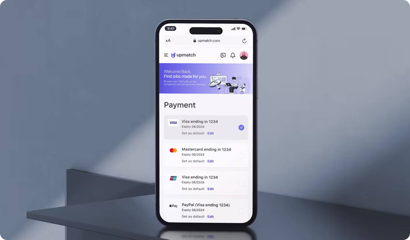 Upmatch job platform payment interface by Codeair Software Solutions showing Visa, Mastercard, and PayPal payment method selection screen on mobile browser mockup