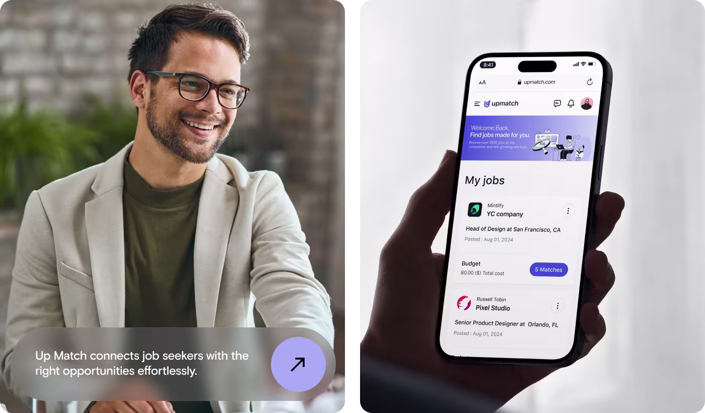 Job recruiting Website Upmatch hiring flow design by Codeair Software Solutions showing simplified job browsing, candidate tracking, and dashboard action screens