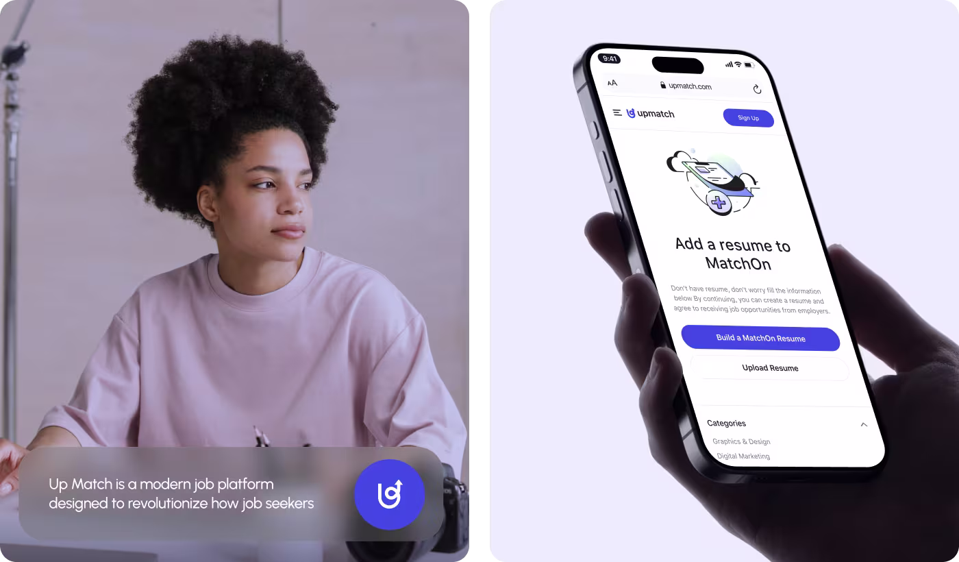 Upmatch brand video thumbnail and resume upload interface by Codeair Software Solutions showing job seeker testimonial and MatchOn resume building feature for job platform