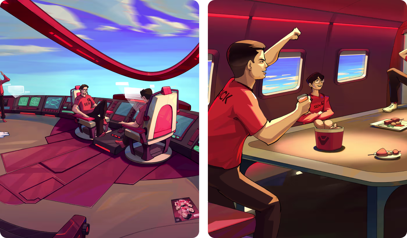 Valorant Champions Cup design system by Codeair Software Solutions showing hybrid 2D character linework with 3D environmental shading and high-contrast team branding for esports