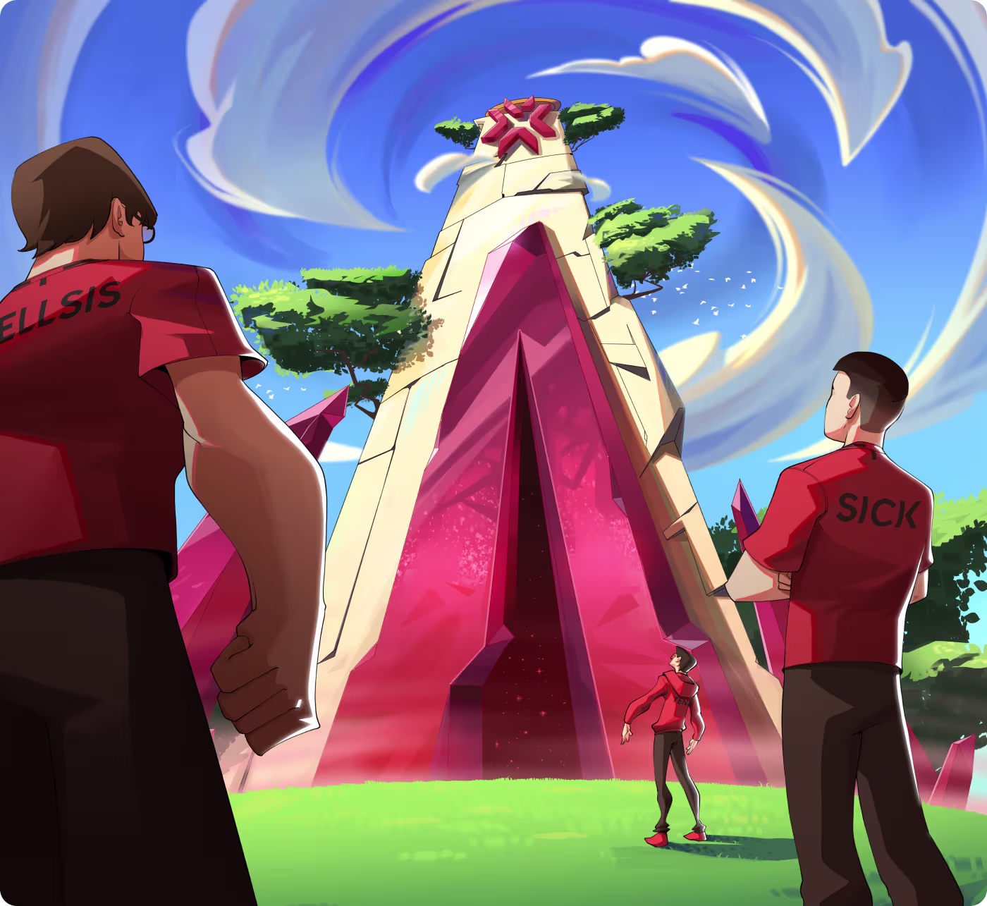 Codeair Software Solutions creative process for Valorant Champions Cup displaying storyboarding, art direction, character illustration, and asset formatting for stadium and digital displays