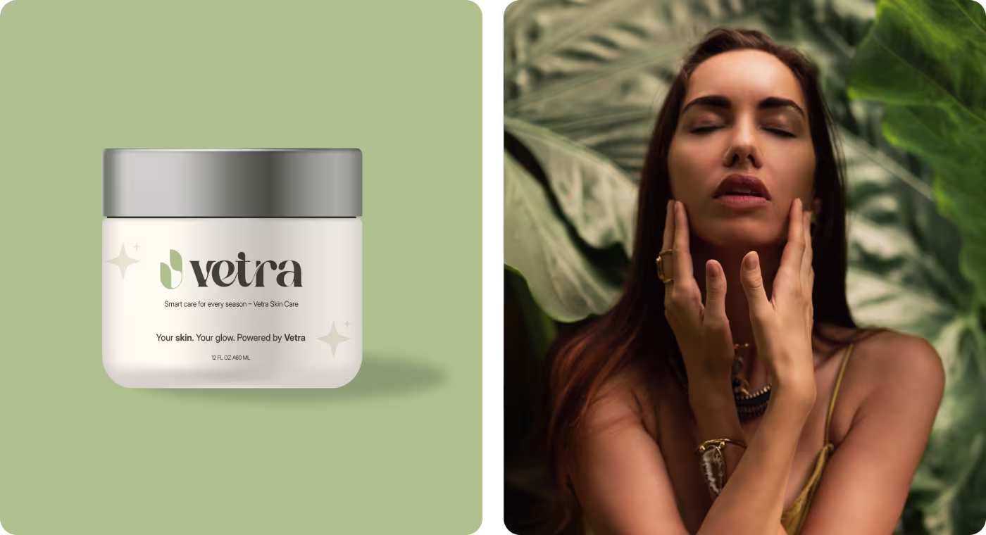Codeair Software Solutions brand design preview for Vetra showing soft earth tone color palette applied to skincare product collateral