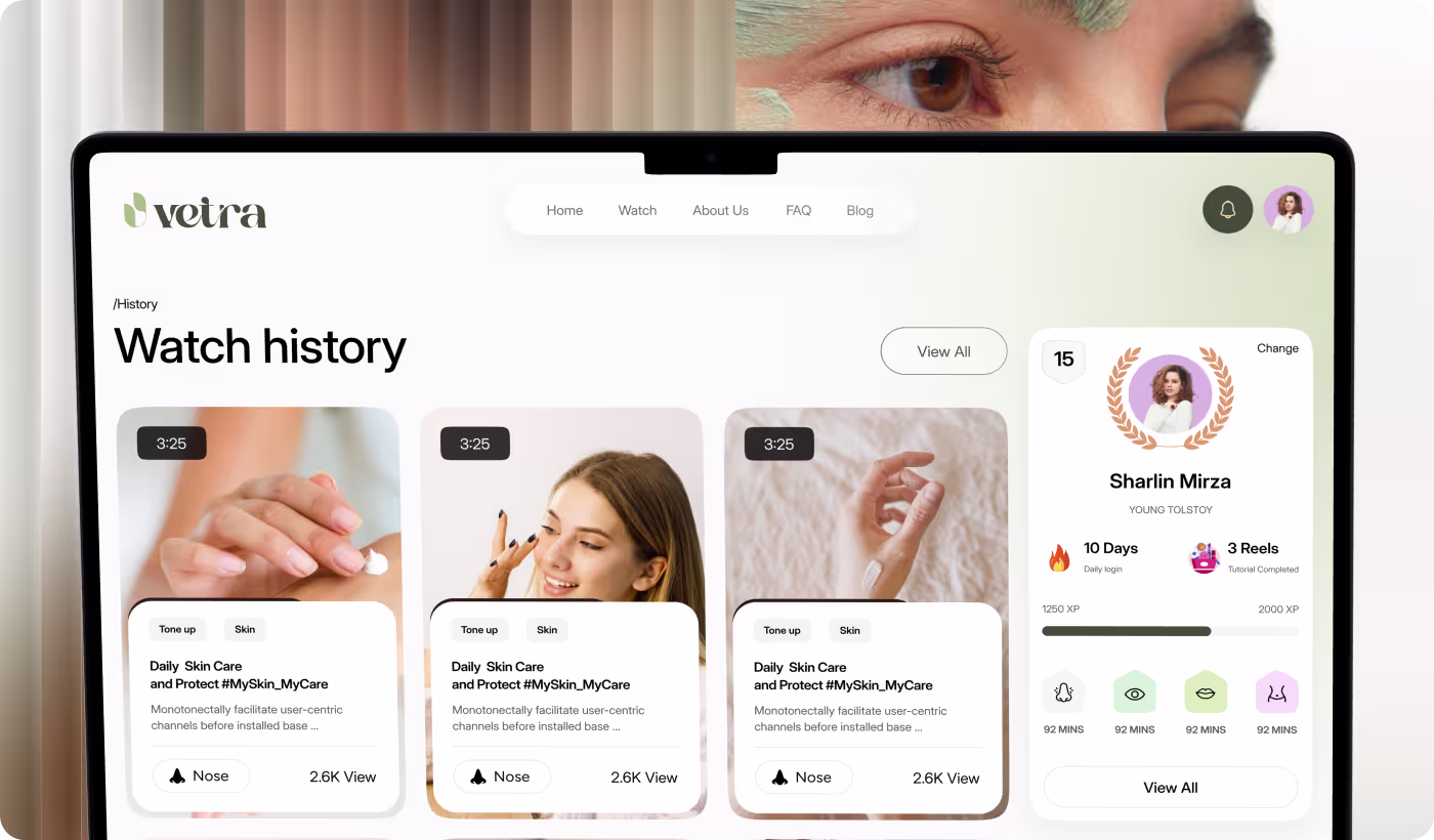 Codeair Software Solutions color and web design for Vetra showing Olive Drab, Sage Green, Dutch White palette with personal skincare tracking dashboard