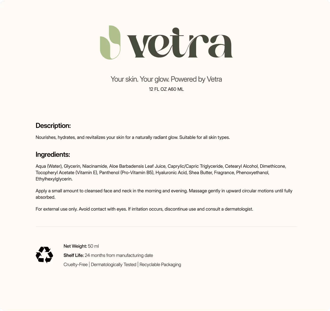 Codeair Software Solutions solution for Vetra skincare showing clean box packaging sizes with leaf symbol and calm nature-inspired color scheme