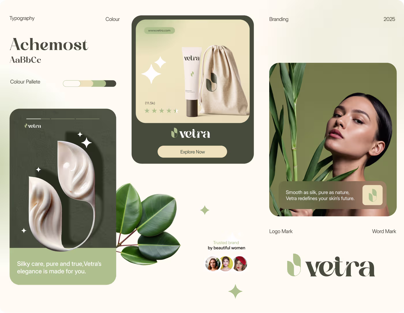 Vetra skincare packaging design by Codeair Software Solutions showing white cream tube, round jar, and leaf logo grid construction for natural brand identity