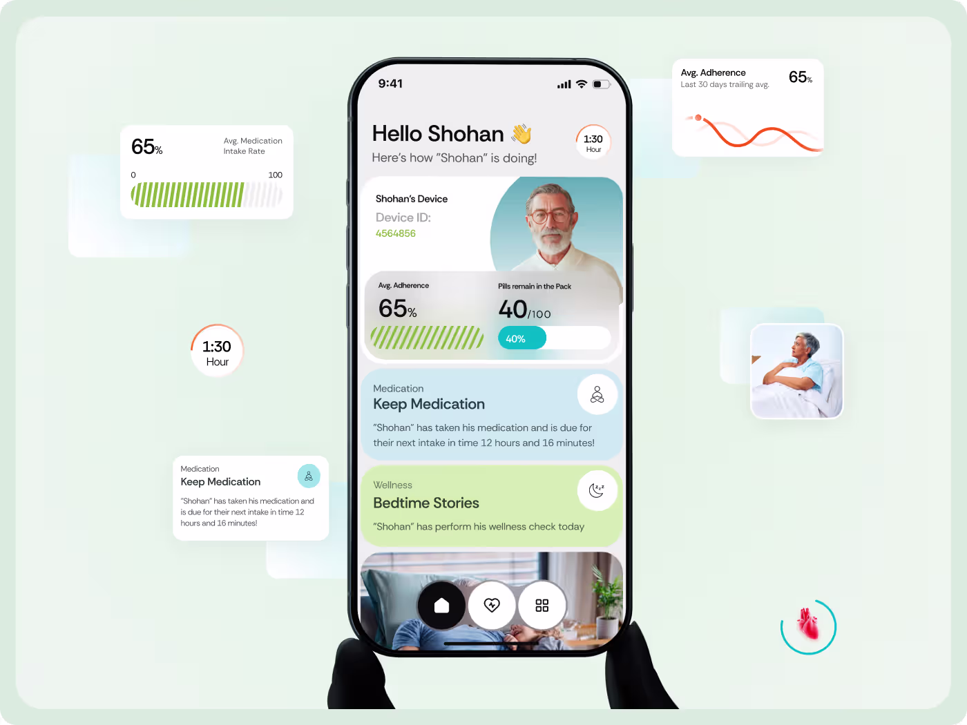 WellNest app screens designed by Codeair Software Solutions displaying medication reminder and daily task interface for elderly patients