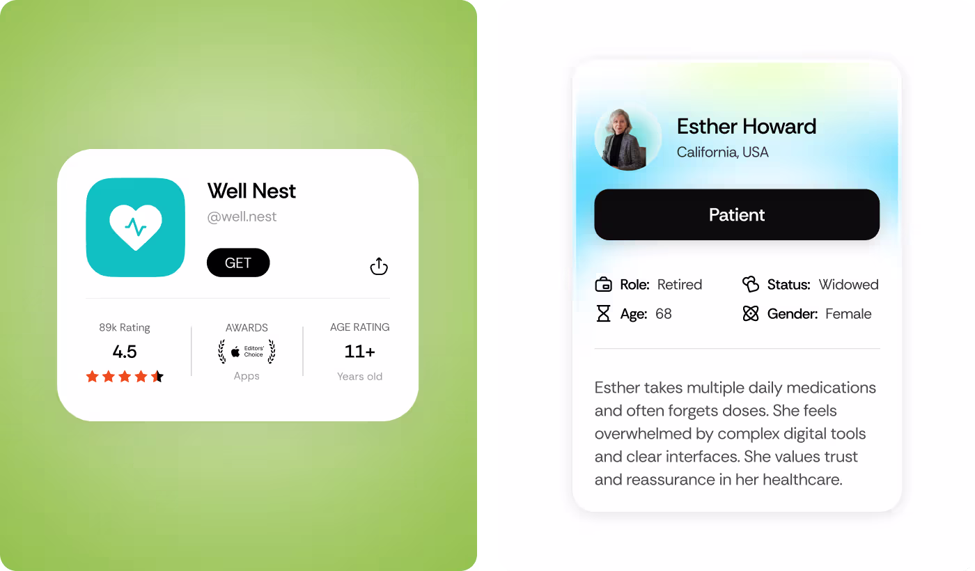 Codeair Software Solutions healthcare app design preview for WellNest showing supportive, non-clinical interface for daily medication guidance
