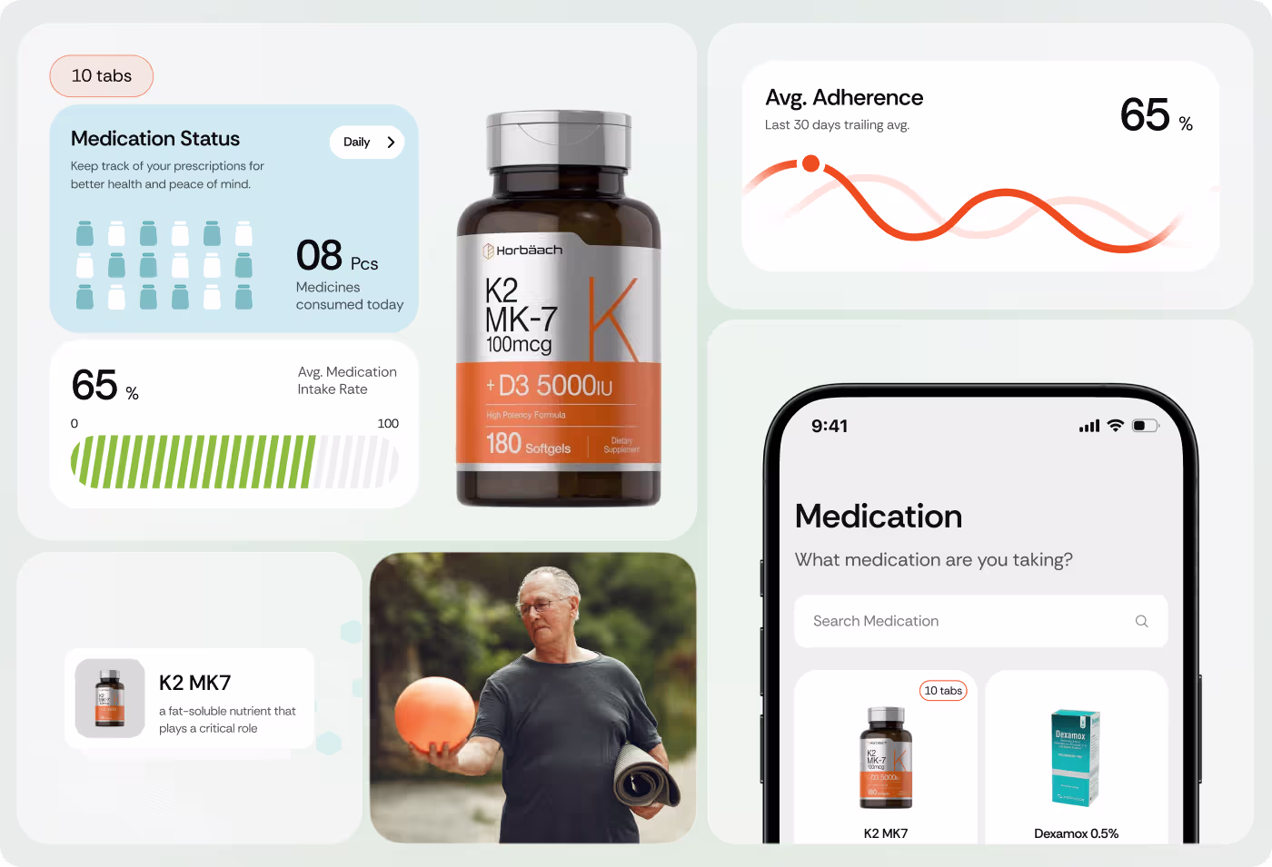 WellNest app screens by Codeair Software Solutions featuring health trend charts and progress tracking for senior healthcare management