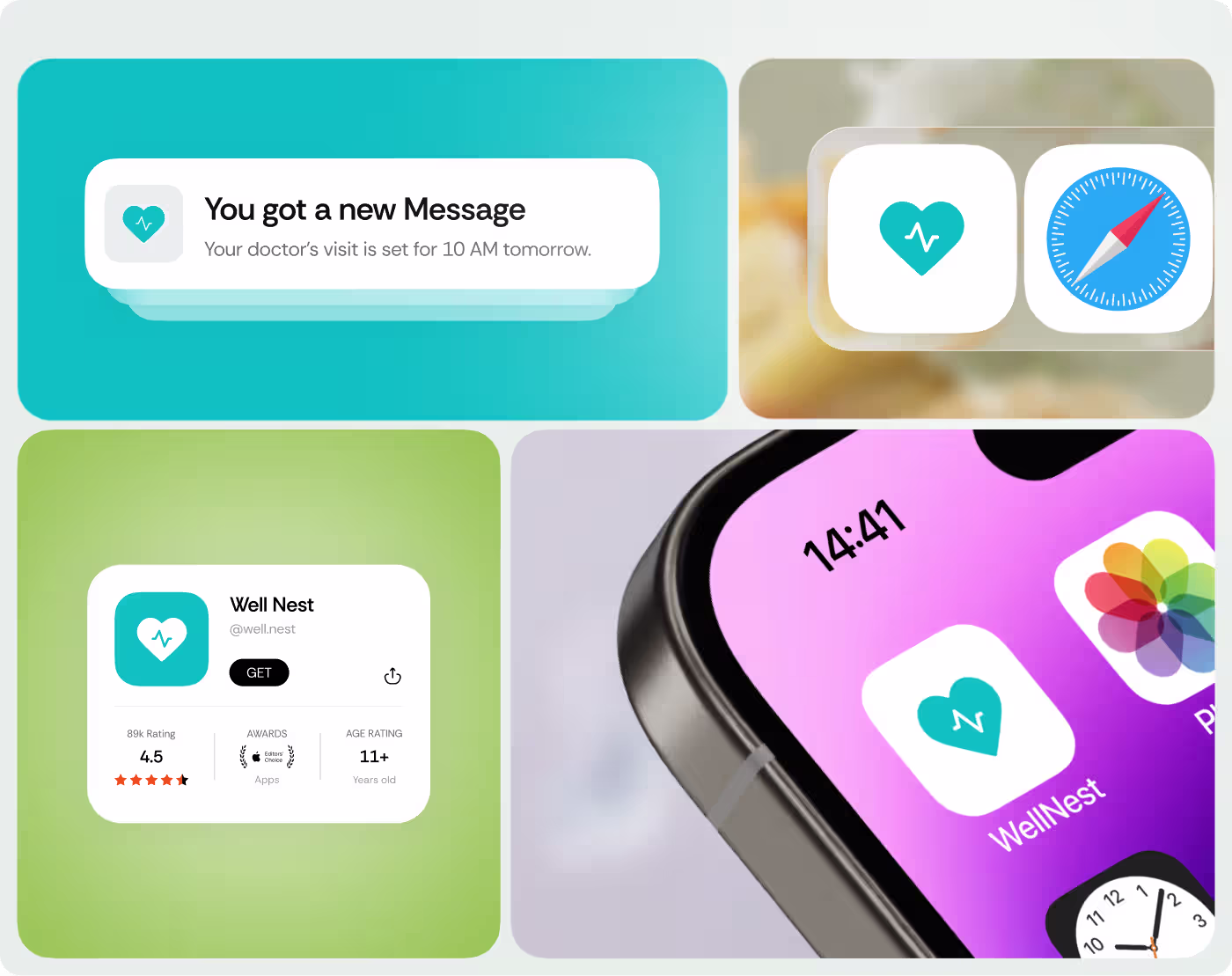 Codeair Software Solutions design process for WellNest showing pain point identification and screen simplification stages for senior users