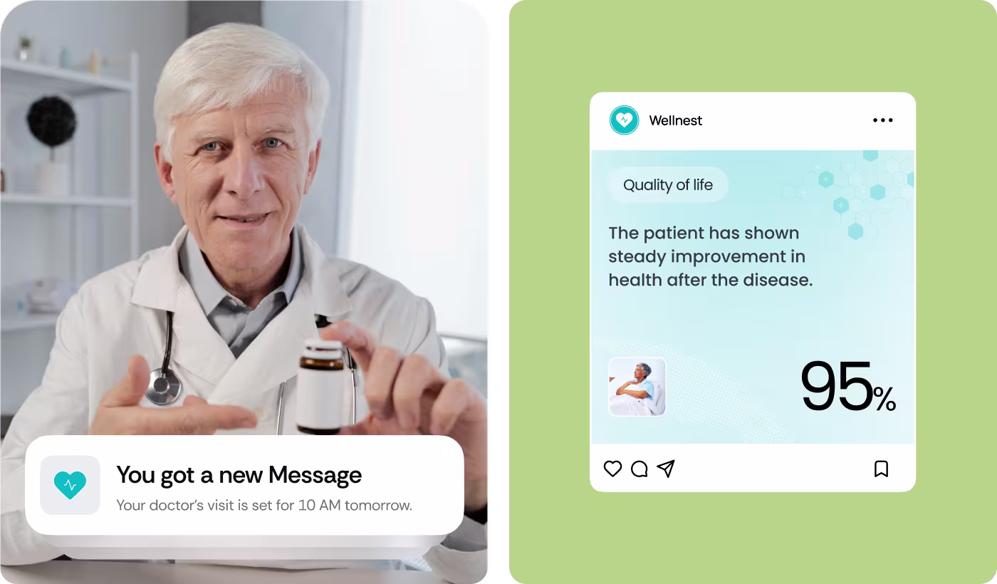 Codeair Software Solutions caregiver view design for WellNest showing quick progress, adherence, and patient status checking interface