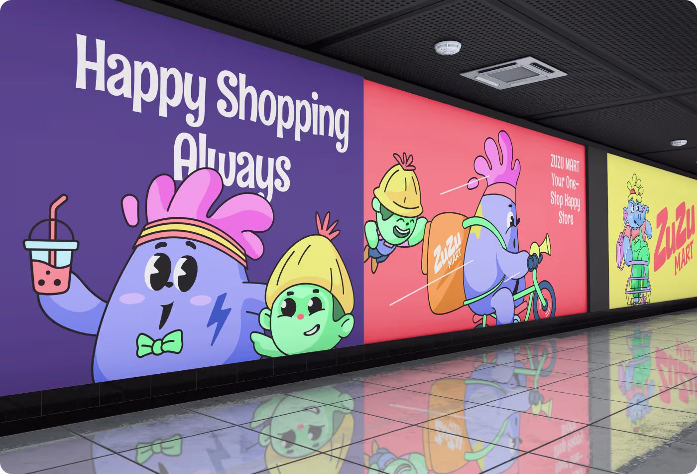 ZuZu Mart subway station wall mural and large-scale environmental branding mockup by Codeair Software Solutions