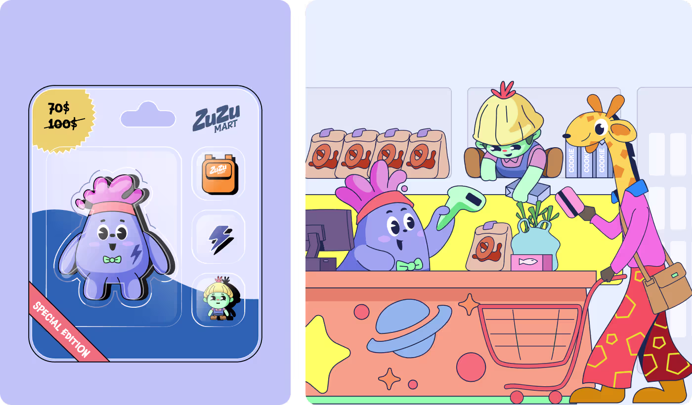 Vibrant ZuZu Mart character universe with playful anthropomorphic mascots and storytelling by Codeair Software Solutions